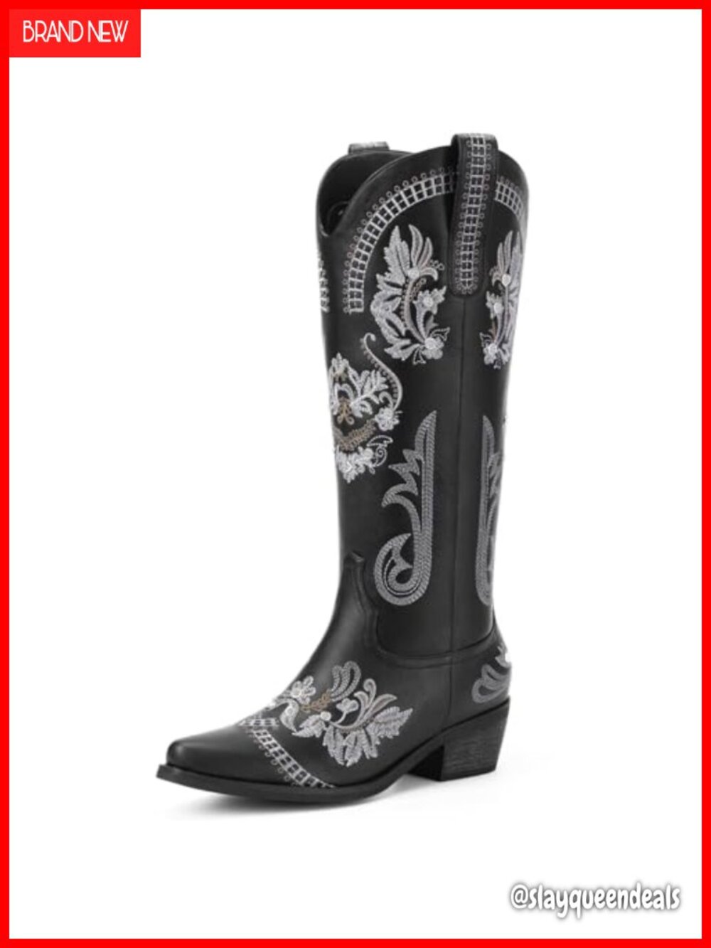 Knee High Western Boots Pointed Toe Side Zipper Embroidered Faux Leather